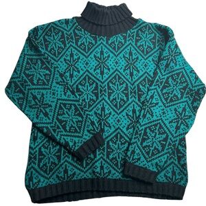 VTG Liberty Knits Nordic‎ Turtleneck Sweater Black Teal Snowflake Pattern M USA